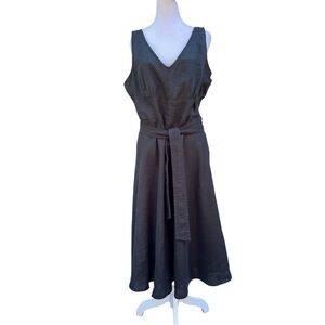 JONES NEW YORK SZ 14 black linen lined sleeveless fit & flare belted midi dress